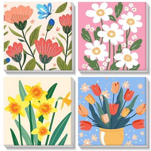 MISCER 4 Stück Malen Nach Zahlen Erwachsene, Blumen Malen Nach Zahlen Erwachsene Anfänger mit Rahmen, DIY Landschaft Ölgemälde Leinwand Kit für Home Deko 20X20cm