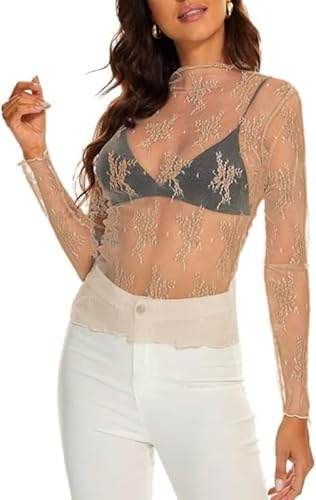 Haibang Maglietta a Manica Lunga Donna Maglia Sexy in Pizzo Floreale Trasparente Camicetta in Rete Slim Fit Crop Top a Collo Alto Aderente Sheer Mesh t-Shirt Elegante Bluse Serata Top Party Clubwear