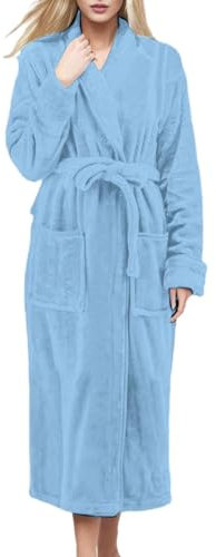 Damen Bademantel aus grauem Fleece, mit Gürtel, weicher langer Morgenmantel für Damen, warmer Plüsch-Wintermantel, leichte einfarbige Nachtwäsche, gemütliche Loungewear, entspannte Passform, blau, XL