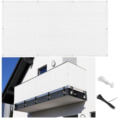 Privacidad de Balcón y Pantallas 40 x 300 cm Solar y contra El Viento, Transpirable Pantalla HDPE para Balcón Jardín con Ataduras de Cables y Cuerda, para Jardín, Blanco