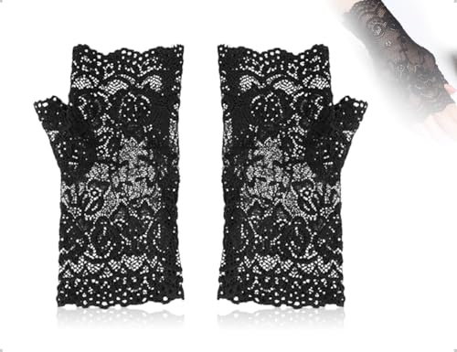 AOYEGIC Guantes de rejilla,guantes cortos de encaje para mujer,elegantes guantes sin dedos,accesorio para disfraces de fiesta,para bodas,cosplay,fiestas de té,bailes de graduación y mascaradas(negros)