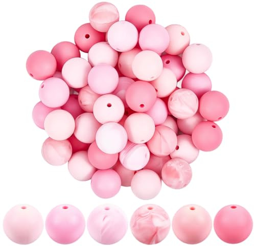 PONABEADIY 90 Stück 15mm Rosa Silikonperlen Für Die Schmuckherstellung | 1 Box 6 Farben Rund Sortiert Weicher Gummi Fokal Abstandshalter Charms Lose Silikon Perlen für DIY Armbänder Bastelbedarf