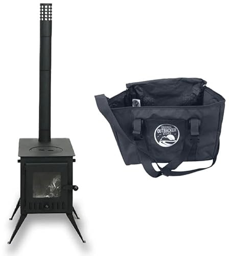 Poêle à bois portable Outbacker Firebox Vista avec grande fenêtre & conduit 2,68 m – 12 kg, 3,5 kW | Pour tipis, yourtes & glamping (Kit poêle + chauffe-eau)