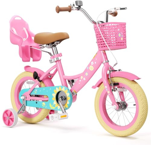 XJD Girls Bike for 2-9 Years Old Kids 12 14 16 Inch Toddler Bike,Princess Style Kids Bicycle with Doll Bike Seat & Basket &Training Wheels (Inches, 16, Flower Pink)
