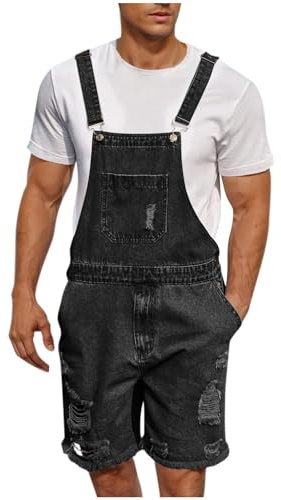SOOUICKER Jeans Latzhose Herren Kurz 90er Arbeitslatzhose Herren Jeans Sommer Destroyed Latzhose Stretch Denim Vintage Kurze Hosen Latz mit Löcher Modern Freizeit