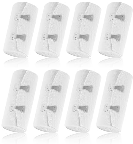 8 stycken elastiskt bandage kompressionsförband, elastiskt bandage med metallklämmor, återanvändbart elastiskt bandage för handleder vid fotled, knä (vit)