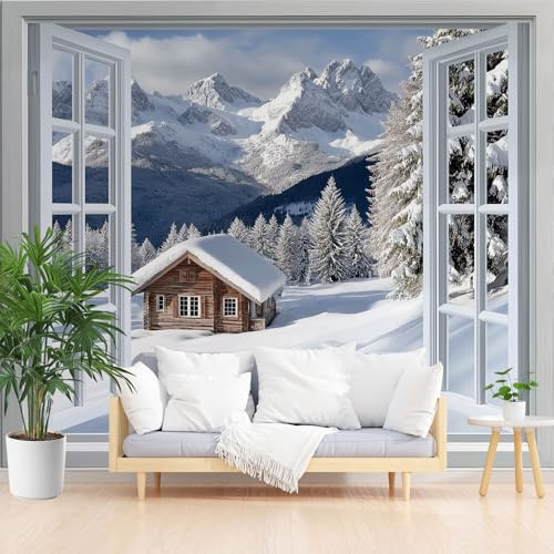 Jungle D'Hiver Papier Peint Panoramique, Paysage Montagne Enneigée Nature Papier Peint Intissé, Illusion D'Optique Tapisserie Murale Cuisine Salle de Bain, Décoration Murale Chambre, 150 x 105 cm