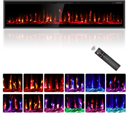Quiniver 68 Inch Inset Electric Fire Wall Recessed Mount Fireplace Heater | 1500W/750W heat, adjustable flames, remote & touch control, 8H, 40dB quiet, overheat safety, cool tempered glass, UKCA CE
