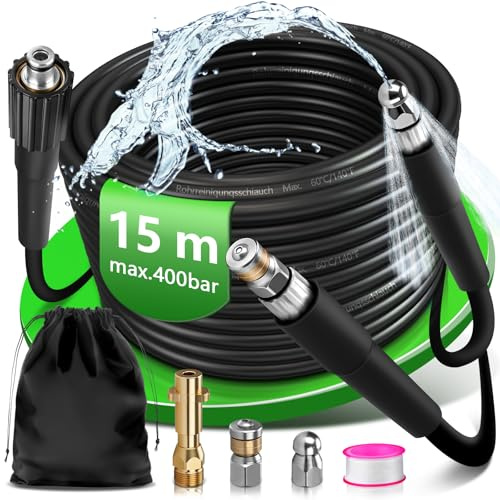 Tuyau de nettoyage de canalisations de 15 m avec adaptateur M22, buses en laiton rigides et rotatives, 400 bar, convient pour nettoyeur haute pression Karcher K2 K3 K4 K5 K6 K7