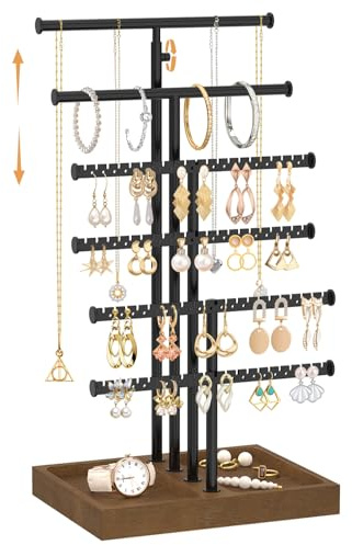 MODOWEY Schmuckständer Ohrring & Ketten Metallischer Halter Mit Holzablage | Verstellbarer Armbandständer Für Mädchen, 6‑Etagen Hoher T‑Bar Kettenhalter Aufbewahrung, Schmuck In Sekunden Finden, Schwarz