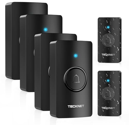 TECKNET Funkklingel Set, 4 Empfänger & 2 Sender, Batteriebetrieben, Schwarz | 400 m Reichweite, IP67 Wasserdicht Aussen, 60 Melodien und 5 Lautstärkestufen (0-110dB), für Heim- Oder Büroinstallation