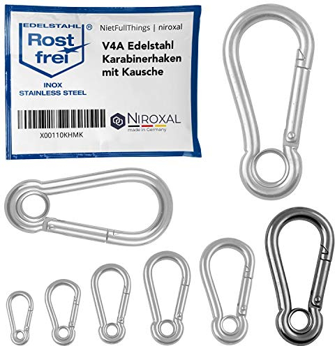 2 unidades 10-mm Mosquetón de acero inoxidable tipo gancho con guardacabo ce V4A corma robusta con ojo carga de ruptura 1750 kg bomberos 316 10x100-mm