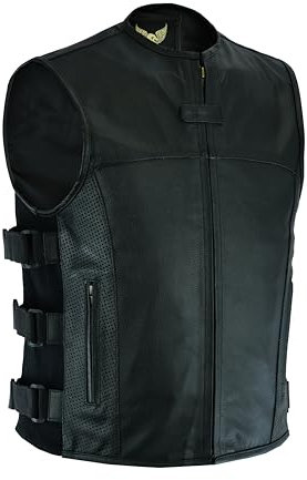 Leatherick Chaleco tipo de cuero de motociclista de grano superior estilo táctico Warrior para hombre con bolsillo profundo y paneles de bolsillo perforados