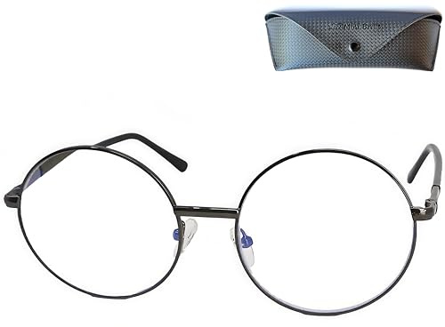 Mini Brille Runde Blaufilterbrille Hippie Metall Graphit Braun mit Etui | Große runde Gläser, 139 mm Breite, 55 mm Glas, 52 mm Höhe, UV-Filter, 32 g und dunkles Etui