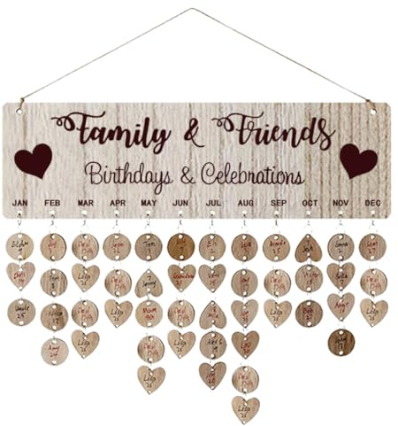 STOBOK Calendrier Anniversaire Bois Famille Bricolage Suspendu Calendrier De Rappel D'anniversaire En Bois Calendrier Perpetuel Anniversaire Avec 50pcs Pendentifs En Forme De Coeur/Rond