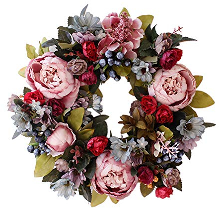 Door Wreath, Artificial Flowers Peony Wreath - Four Seasons Front Door Decor with Peony and Green Leaves, for Front Door Living Room Wall Garden Wedding Festival Decor(35cm, Mixing)