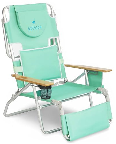 Ostrich the Deluxe 3N1 Reclining Lounge Chair, Folding Outdoor Lounger and Extra-Wide Beach Chair with Wooden Armrests and Face Hole, Teal