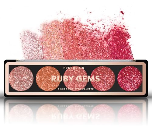 Profusion Cosmetics 5 Shade Glitter Eyeshadow Palette - Vibrant Pressed Pigments with Built-In Primer and Dazzling Shine for Long-Wearing Sparkle Makeup Looks (Ruby Gems)