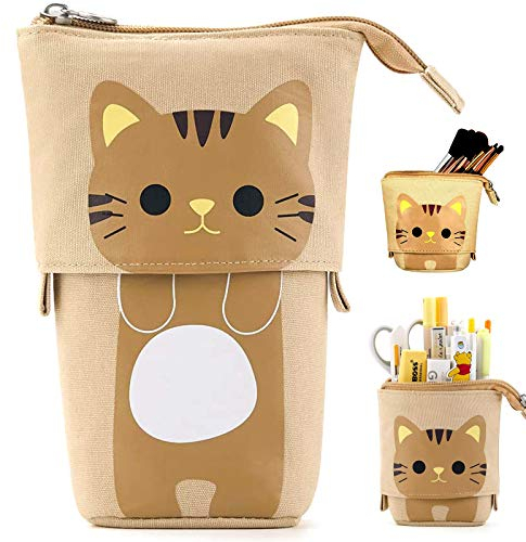 MNBHJK Briefpapier Fall Stand Pencil Holder Canvas Pencil Case mäppchen Cartoon Cute Cat Pencil Case Cosmetic Bag Organiser for Student, Teenager, Girls, Adult, School, Office（Khaki）