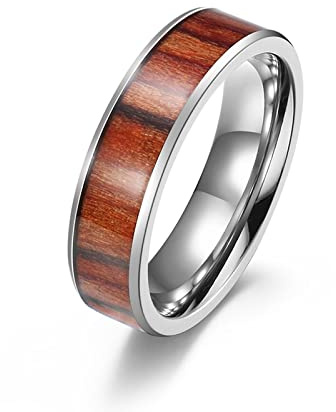 Mesnt Alliance Femme, Anneau De Bandes D'Incrustation De Bois De 6Mm, Bague Acier Chirurgical 316LArgent pour Femme Taille 61.5