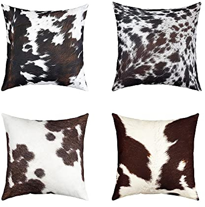 Juego de 4 fundas de almohada de piel de vaca, 45 x 45 cm, color blanco y negro, piel de vaca, piel de vaca occidental, granja, animales, acento decorativo, fundas de almohada para cama, hogar,