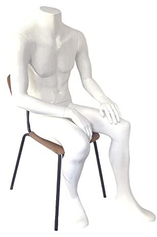 Männliche Schaufensterpuppe, männliche Schaufensterfigur, Mannequin aus Fiberglas, sitzend, ohne Kopf, Hochglanz weiß