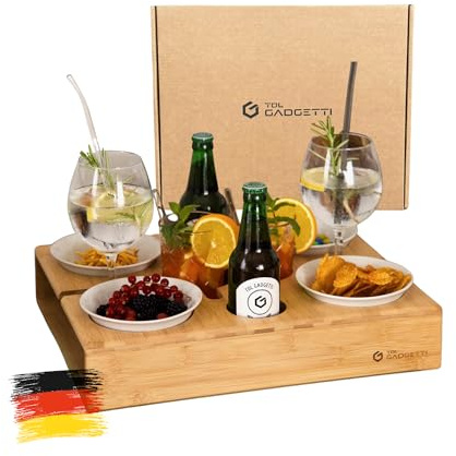 TDL Gadgetti – Couchbar snackbox (100% Bambus): Die nachhaltige All-in-One-Snackbox – perfekt für entspannte Filmabende, mit ausreichend Platz für Schalen, Tassen und Weingläser. - Sofatablett