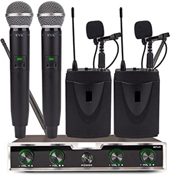EYESLA 4 Channels Portable UHF Wireless Microphone System with 2 Handheld Transmitter & 2 Bodypack Headset Lavalier Lapel Mic