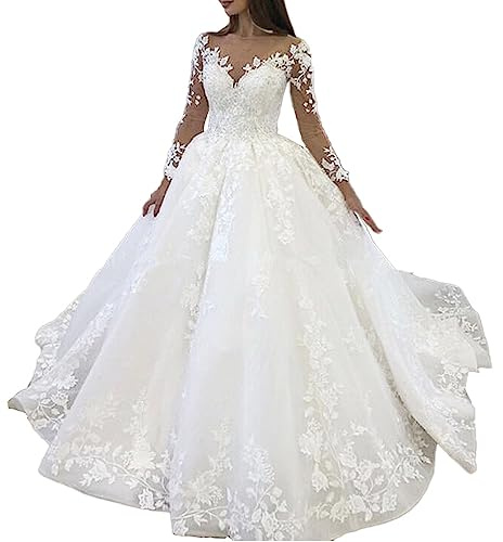 HEULORIA Abito da Sposa principesco Scollo a V Pizzo Manica Lunga Grand Vestito da Sposa Lungo Treno BA-VL-0627 (52 Plus, White)