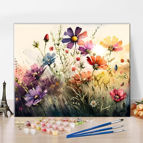 TISHIRON Aquarell Blume Malen nach Zahlen für Erwachsene Anfänger, abstrakte Malerei Malen nach Zahlen Kits auf Leinwand Acrylfarbe Floral Zeichnung Malerei mit Pinseln Ölmalerei Home Decor16 x20