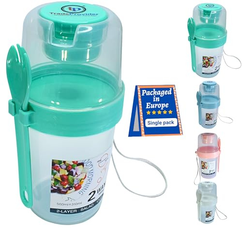 TradeProvider® Reusable Yogurt Cups with Lid Fork Lanyard 560ml/19Oz Clear 3 in 1 Cereal Pot Salad Juice Milk Cup 100% BPA Free Breakfast Bowl (GreenPot)