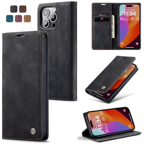 owlhold Handyhülle für iPhone 15 Pro Hülle, Premium Lederhülle Weiches Vintage-Nubukleder Faltbare Ständer Klapphülle Kartenfach Standfunktion stoßfest Schutzhülle für iPhone 15 Pro -Schwarz