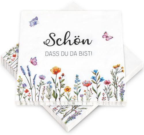 Servietten Blumen, 40 Stück Servietten Schön Dass Du Da Bist, Schmetterling Serviette für Hochzeit, Frühling Papierservietten für Geburtstag Gartenparty Ostern Gartenparty Taufe Kommunion, 33x33cm