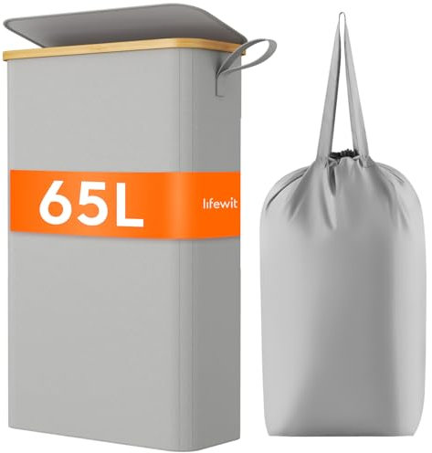 Lifewit Panier à Linge Extra Plat 65L, Paniere a Linge Sale avec Couvercle, Corbeille a Linge Bambou avec Sac Amovible et Poignée, Bac Linge Etroit pour Chambre, Salle de Bain, Buanderie, Gris Argenté
