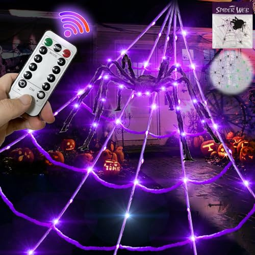 CHBOP 5Ft Giant Lighting Halloween Spider 20 * 17FT Spider Web150 Led Lights Light Up Purple Triangular Battery Operated 200sqft Cobweb 20 Small Spiders for Indoor and Outdoor Decor Decoration