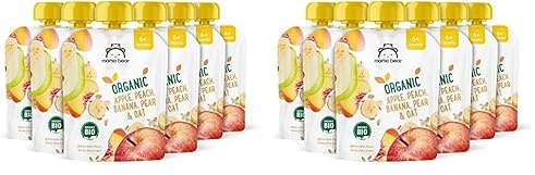 Amazon-Marke: Mama Bear Quetschie Bio Apfel, Pfirsich, Banane, Birne und Haferflockenl, Vegetarisch, 90g (6er-Pack) (Packung mit 2)