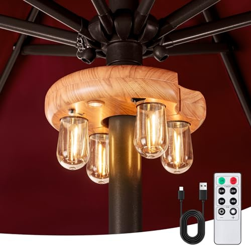 OPOIRA Wood Grain Patio Umbrella Light with Remote Control, Rechargeable Cordless LED Edison Bulbs Pole Light with 10 Brightness Levels for Garden, Patio, Backyard, Camping or BBQ (1 Pack)