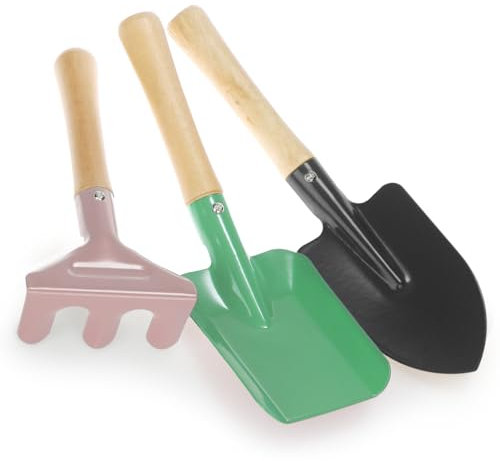 com-four® Set di Attrezzi da Giardino da 3 Pezzi: Piccolo rastrello, Pala e Vanga Realizzati in Robusto Metallo e Legno, Perfetti per la Cura del Giardinaggio, del Balcone (Imposta 1)