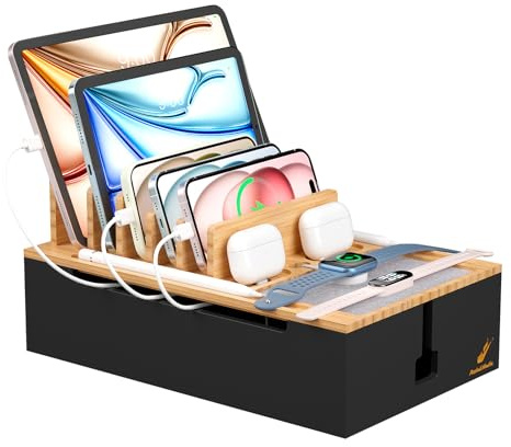 Pezin & Hulin Bambus-Ladestation, Organizer für elektronische Geräte für mehrere Geräte-Ladegeräte wie Handy, Tablet, Uhr und mehr, Natur+Schwarz, (ohne USB-Ladegerät und Kabel)