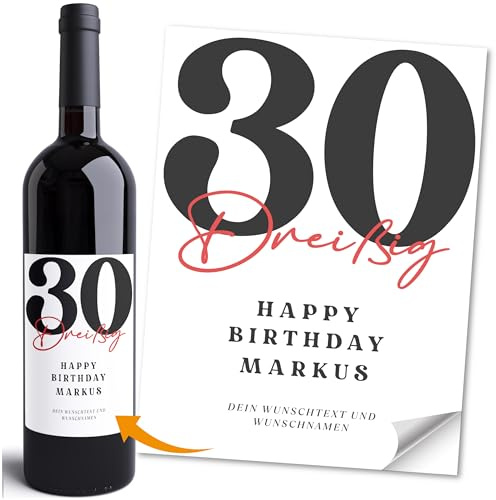 Moonworks® Weinetiketten personalisiert selbstklebend Happy Birthday Geburtstag Wunschtext Flaschenetikett Weingeschenk Weiss unisize