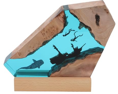 Fockety Shark Diver LED Ocean Night Light, Handmade Resin Ocean Lamp, Bedside Table Lamp, Whale Shark and Divers Night Light, Deep Sea for Office, Desk, Bathroom, Bedroom
