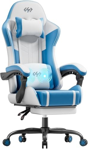 Precision Synergie Massage Gaming Chair, Pocket Spring Cushion, White Blue | Reclining Computer Chair for Adults, Height Adjustable, Headrest, Lumbar Support, Retractable Footrest, High Back Support