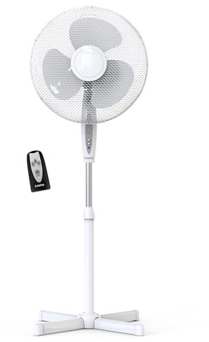 briebe Ventilador de Pie Silencioso con Mando a Distancia, 40cm, Temporizador, Oscilante, 3 Modos Funcionamiento, 3 velocidades, Regulable Altura 125cm (Blanco)
