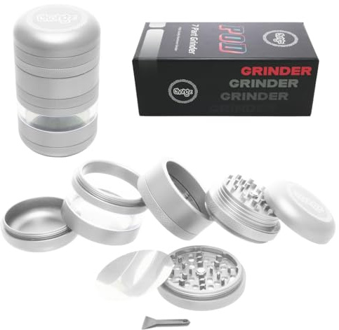 Chongz Manuelle Gewürzmühle, 55 mm, 7-teilig, Premium-Aluminium-Zerkleinerer mit gebogenem Design, durchsichtiges Fenster, 2 leicht zu wechselnde Mahlsiebe, Auswahl aus zwei Mahlgraden (Silber)
