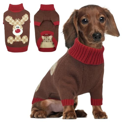 Hjumarayan Hundepullover Weihnachten, Pullover Rentier mit Geschirr Öffnung Warme Rollkragen Hundepulli für Malteser, Bichon Frisé, Mini-Dackel, Braun M