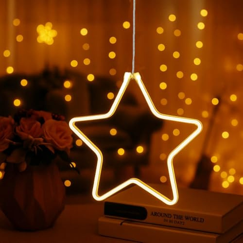 Ideen mit Herz LED-Stern zum Aufhängen | weiß | Winter-Dekoration | Fenster-Beleuchtung | mit Timer | 24,5 cm x 23,5 cm x 1,3 cm