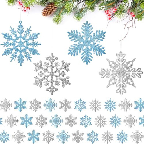 Spetsbst 32 Stück Schneeflocken Weihnachten Deko mit Seilen Weihnachtsdeko Anhänger 10cm Glitzer Weihnachtsanhänger Chneeflocken Christbaumschmuck (Silber + Blau)