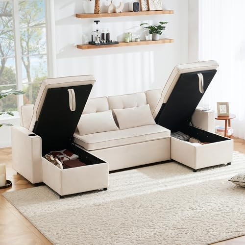 DRIXNO Schlafsofa mit Schlaffunktion, U-förmiges Sofa, Polstersofa, Baumwoll-und Leinenstoffe, mit Getränkehalter, Stauräume, geeignet für Familien, Wohnzimmer usv,Beige.