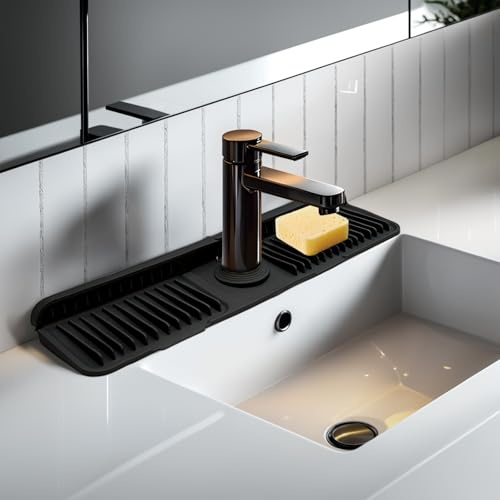 Suouezi 24 Black Longer Silicone Faucet Mat – Quick-Dry Button Style Drip Catcher 6° Slope Splash Guard | Easy-to-Use Behind Faucet Drain Mat for Kitchen & Bathroom Countertops