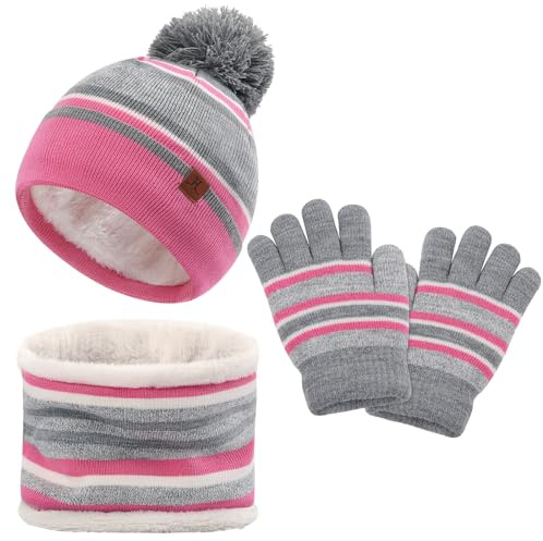 LACOFIA 3 delar mössa set halsduk handskar vinter barn mössa stickad mössa med pompon termisk fleecehatt för barn 2–7 år, Rosa, 2-7 años